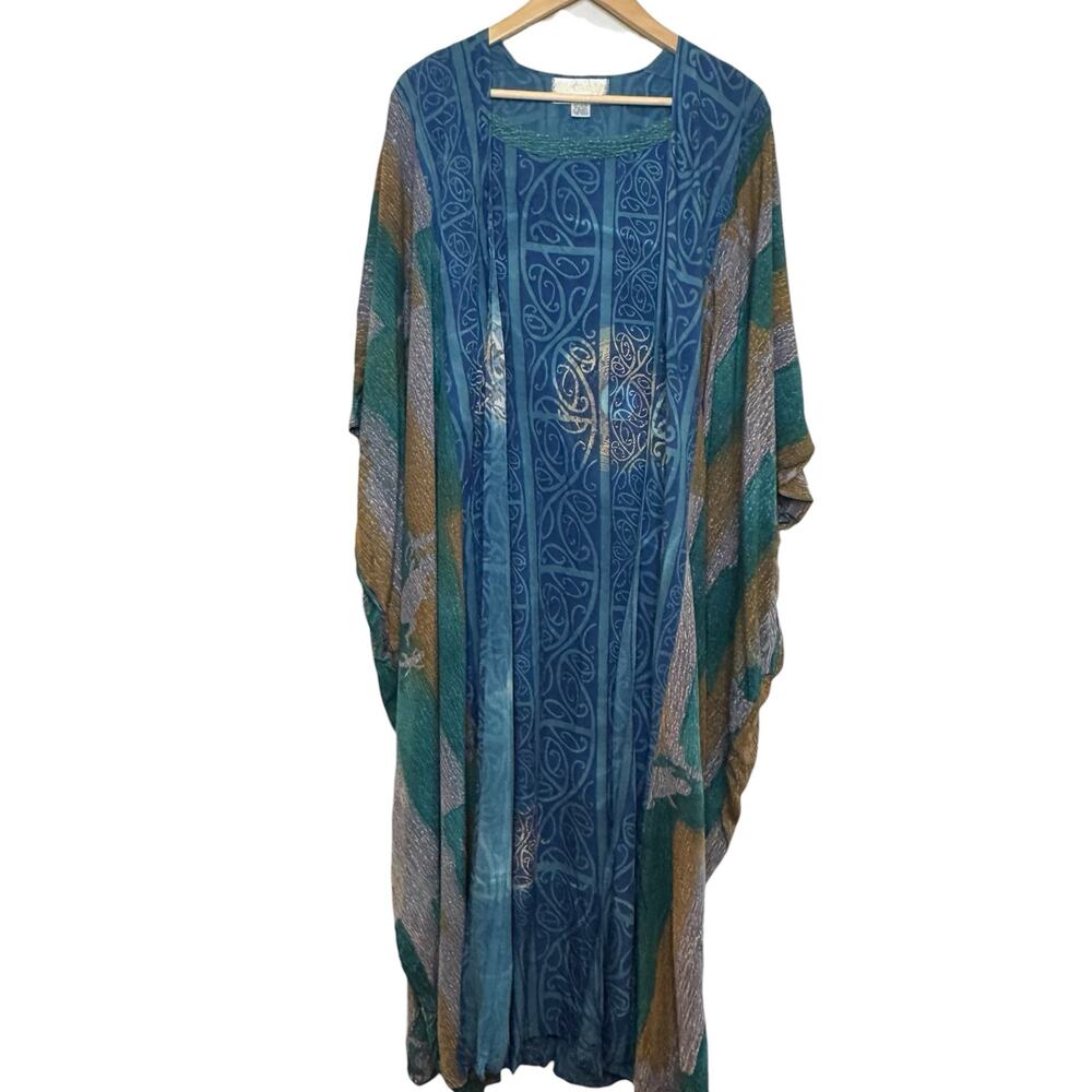 Vtg Kusnadi Hand Made Blue Green Batik Kimono Bohemian Kaftan Mumu Dress